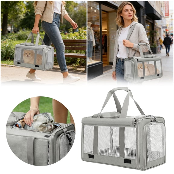 Cat Carrier 18x11x12 Top Load Soft Pet Travel Bag Over 15 lbs,Collapsible Small Dog Puppy Crate 10 Pounds,Small Animal Rabbit Kennel Carrying Case(Grey)
