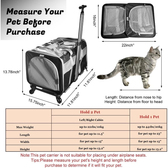 Cat Carrier for 2 Cats, Large Dog Cat Carrier with Wheels for Under 44lbs, 23.7" x 15.8" x 13.8" Rolling Pet Carrier with Removable Pole Platform and Upgraded Wheels Dog Cat Travel Carrier