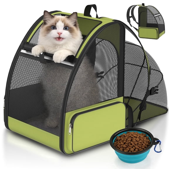 Cat Carrier Backpack Expandable Ventilated Pet Carrier for Large Cat Puppy Outdoor Travel Backpack with Breathable Mesh, Green