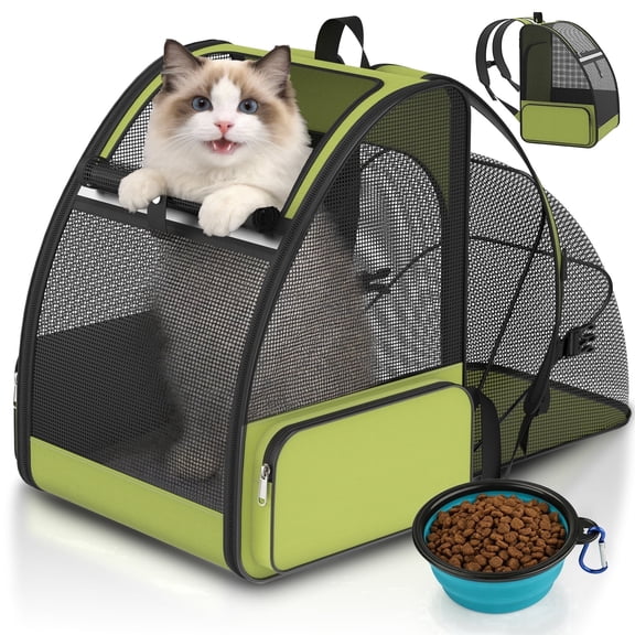 Cat Carrier Backpack Expandable Breathable Pet Carrier for Large Cat Puppy Outdoor Travel Pet Backpack with Vantilated Mesh, Green