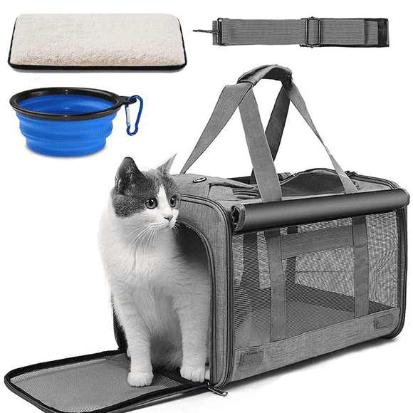 Cat Carrier, Cat Carriers for Large Cats up to 25LB, large Cat Carrier with a Bowl, Soft Sided Carrier with 2 Side Roller Blinds for Cat Kitten Small Dog Puppies Airline Approved, Gray