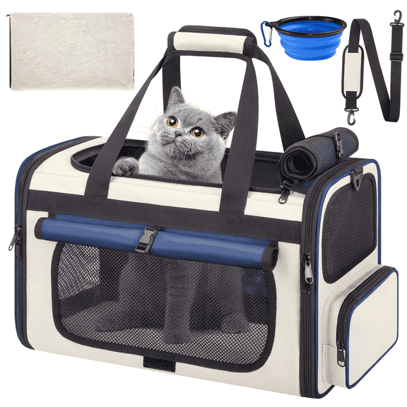 CshidWorld Collapsible Cat Carrier Pet Carrier for Large Cats (up to 25lbs), TSA Airline Approved Cats Carrier Soft Sided, Small Dog Travel Bag with a Bowl/Safety Leash-Blue
