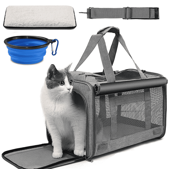 Cat Carrier, Cat Carriers for Large Cats up to 25LB, large Cat Carrier with a Bowl, Soft Sided Carrier with 2 Side Roller Blinds for Pet Cat Kitten Small Dog Puppies Airline Approved, Gray