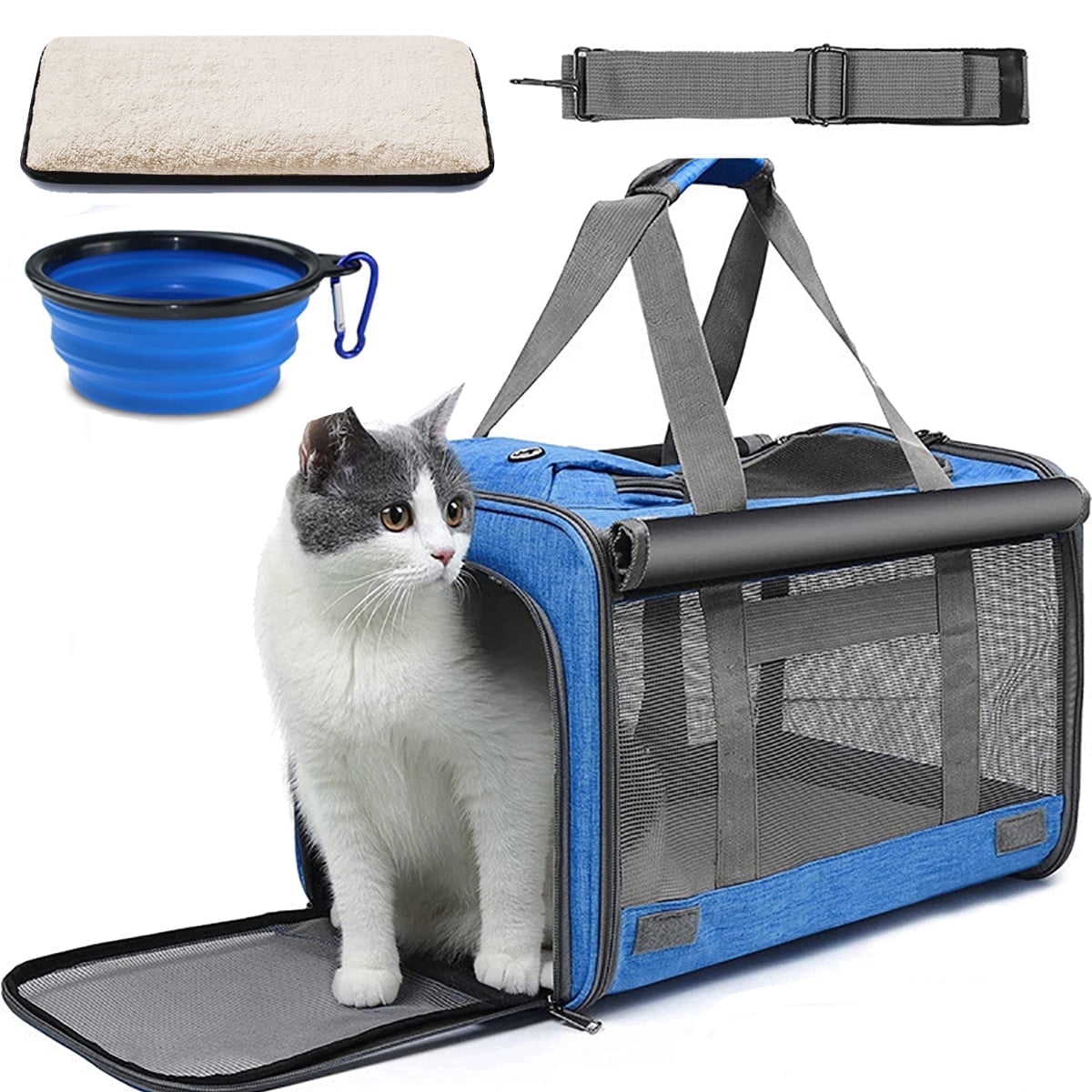 Cat Carrier, Soft Sided Cat Carriers for Large Small Medium Dogs Cats Under 25lbs, Foldable Pet Travel Carrier with a Bowl/Washable Pad, TSA Airline Approved, Blue