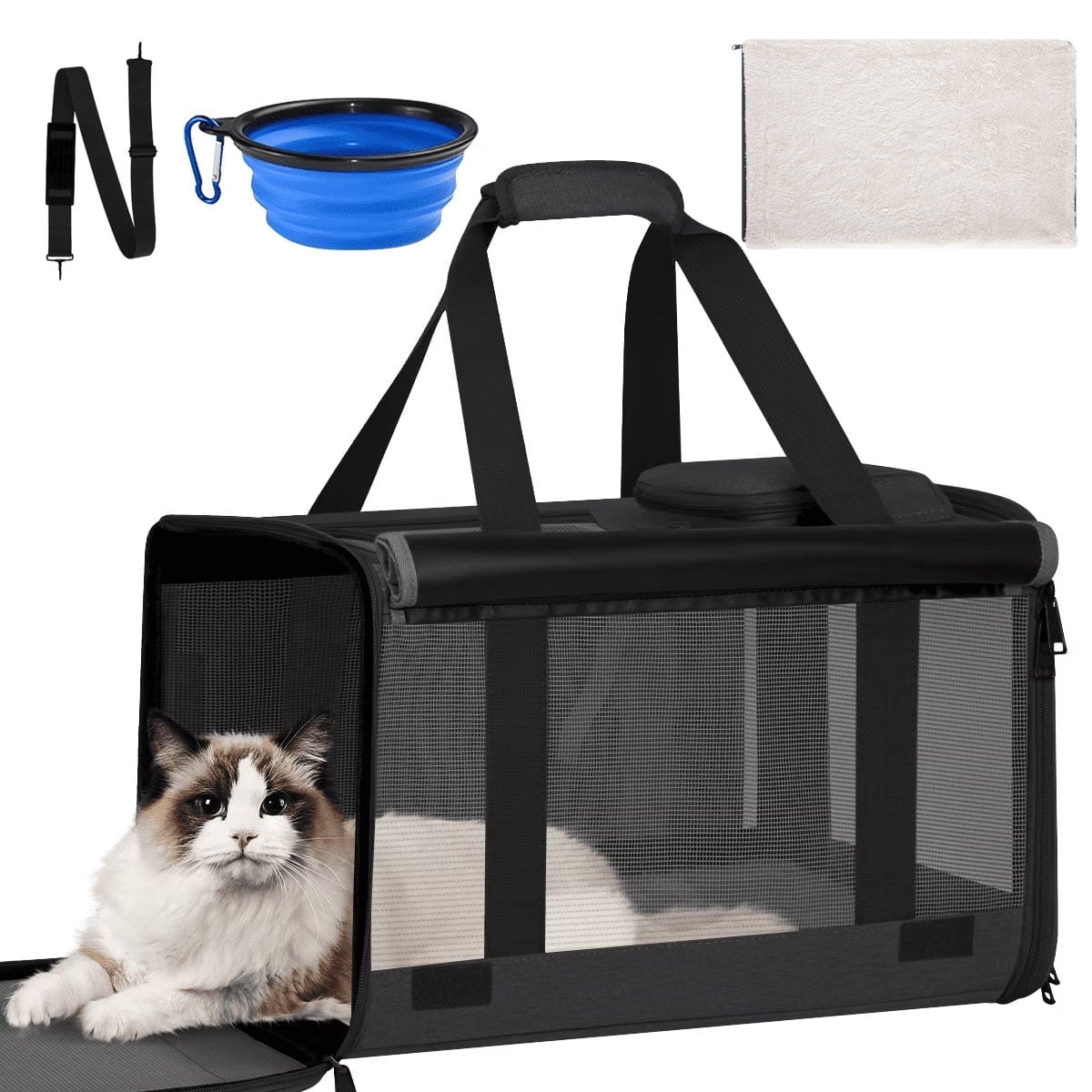 Cat Carrier, Large Cat Carrier for Small Medium Dogs Cats, Foldable Soft-Sided Cat Carriers Under 25lbs with a Bowl, Mat, Travel Car Cat Carries for Outdoors, TSA Airline Approved,Black