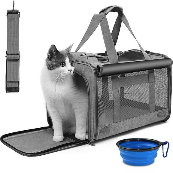 Cat Carrier, Large Cat Carrier for Small Medium Dogs Cats, Foldable Soft-Sided Cat Carriers under 25lbs with a Bowl, Mat, Travel Car Cat Carries for Outdoors, TSA Airline Approved