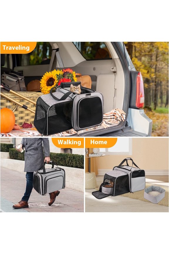 Cat Carrier with Litter Box, Collapsible Soft Sided Pet Carrier for Car Travel, Cat Travel Carrier with Locking Zippers, Expandable Cat Carrier with Food Bowl for Cats/Puppies up to 25 lbs, Grey