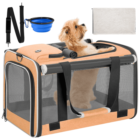 Cat Carrier, Large Cat Carrier for Medium Cats, Foldable Soft-Sided Cat Carriers under 25lbs with a Bowl, Mat, Travel Car Cat Carries for Outdoors, TSA Airline Approved, Orange