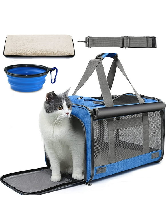 Cat Carrier, Soft Sided Cat Carriers for Large Small Medium Dogs Cats Under 25lbs, Foldable Pet Travel Carrier with a Bowl/Washable Pad, TSA Airline Approved, Blue