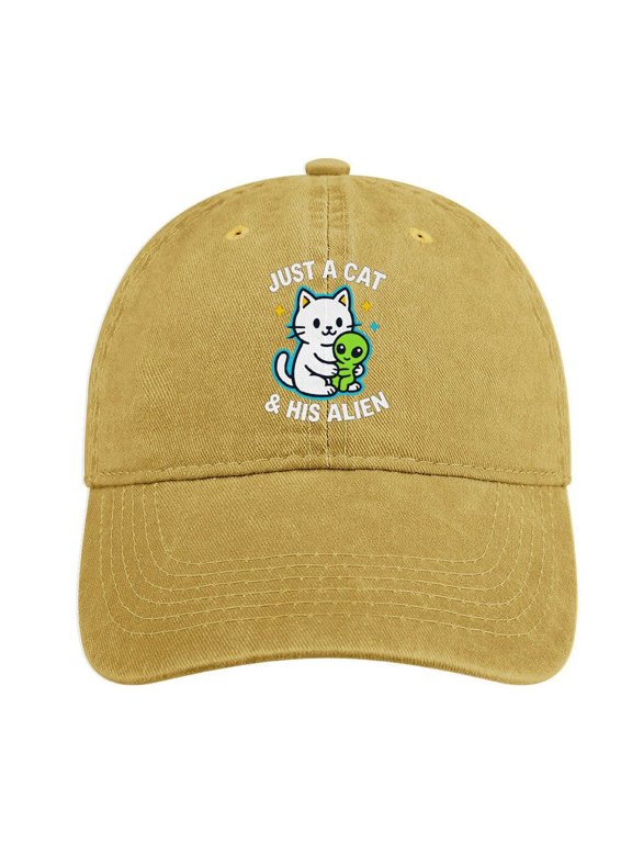 Cat Carrying Alien Sand Colour Unisex Vintage Washed Cotton Baseball Cap Adjustable Size Dad Hat