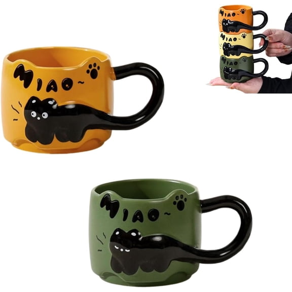 Cat Cat Stacked Cup, Cute Ceramic Feline Coffee Mugs, Funny Animal Stacking Cups, Gifts for Catlovers (2pcs-b)