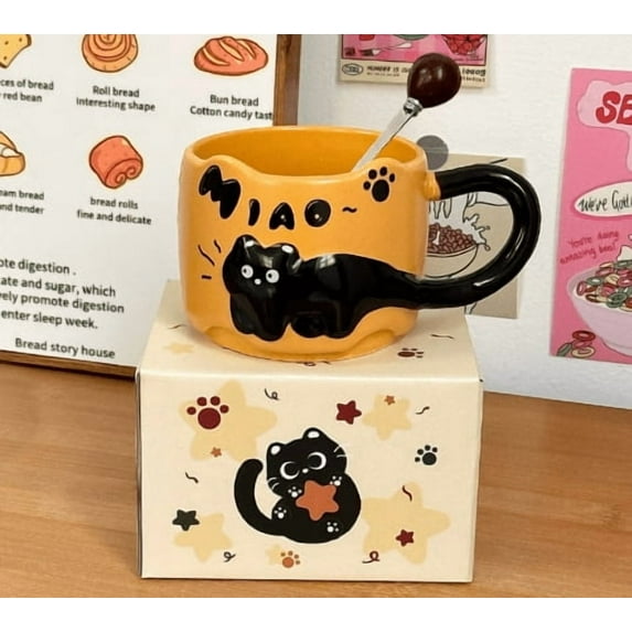 Cat Cat Stacked Cup, Cute Stackable Coffee Mugs with Funny Cartoon Cats Designs, 4 Styles Cute Ceramic Feline Coffee Mugs with Spoon, Gifts for Catlovers Women (Orange)