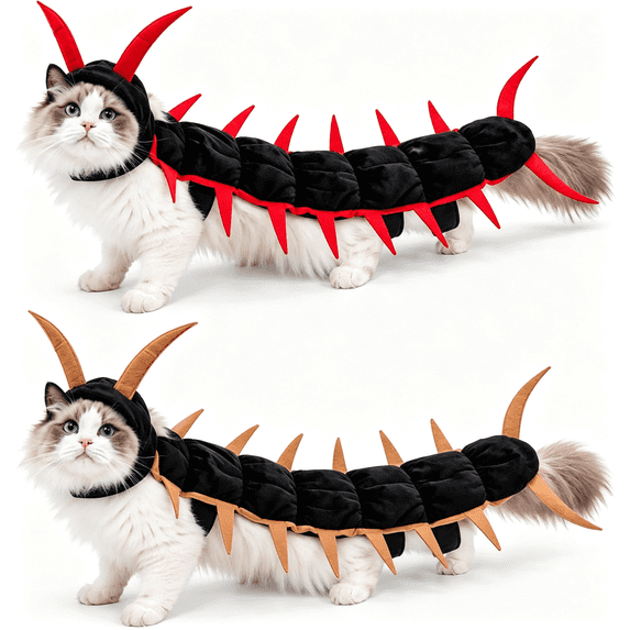 Cat Caterpillar Centipede Costume Funny Halloween Pet Outfit,Plush Adjustable 4 Point Design,50 Inch Long Costume for Small Medium Large Cats