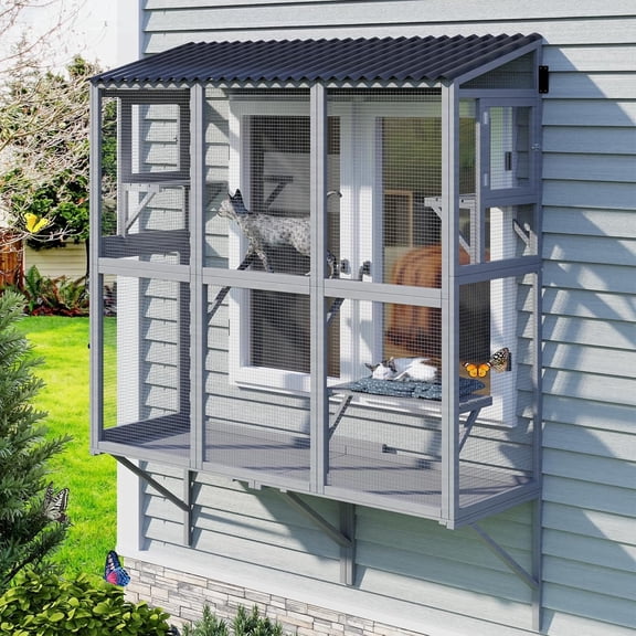 Cat Catio Expandable Window Box Enclosure Wooden for Multiple Indoor Cats All-Weather Use