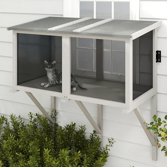 Cat Catio, Expandable Window Box Enclosure for Indoor Cats, Comfortable Wooden Small Pet Perch House Hammock, All-Weather, Keep Bugs Insects Out