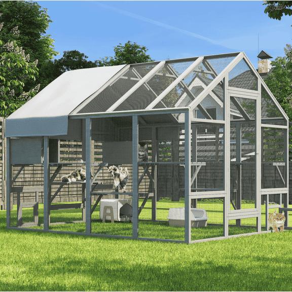 TIMHAKA 97" Outdoor Large Cat Enclosure, Wooden Cat Catio w/ 7 Platforms, 2 Resting Boxes & Weatherproof Cover for Multiple Pets
