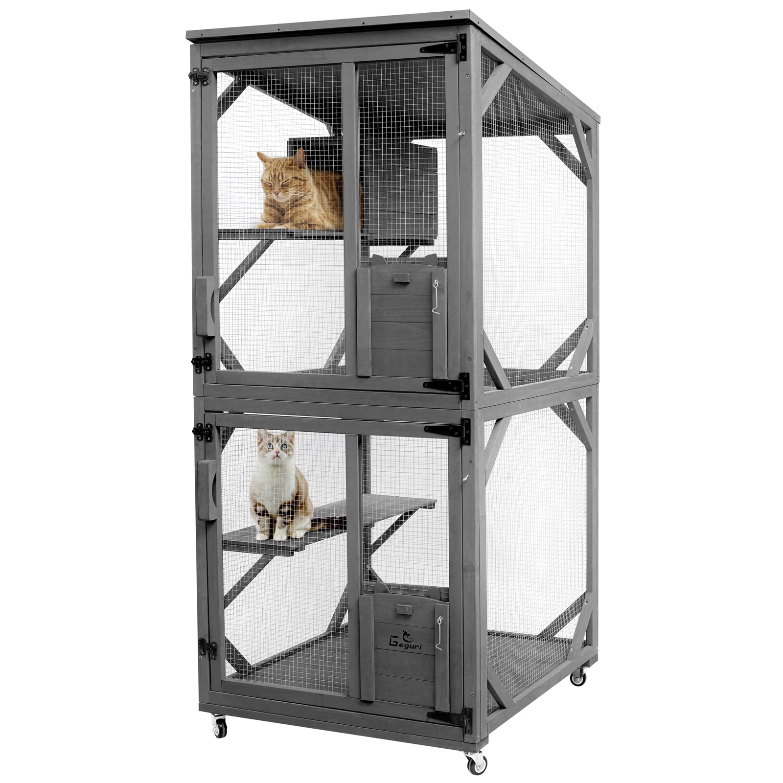 Oarlike Cat Catio Outdoor Enclosure With 4 Wheels Wooden Cat Cage Outdoor With Resting Box 3 Tier Cat House Waterproof Roof Gray