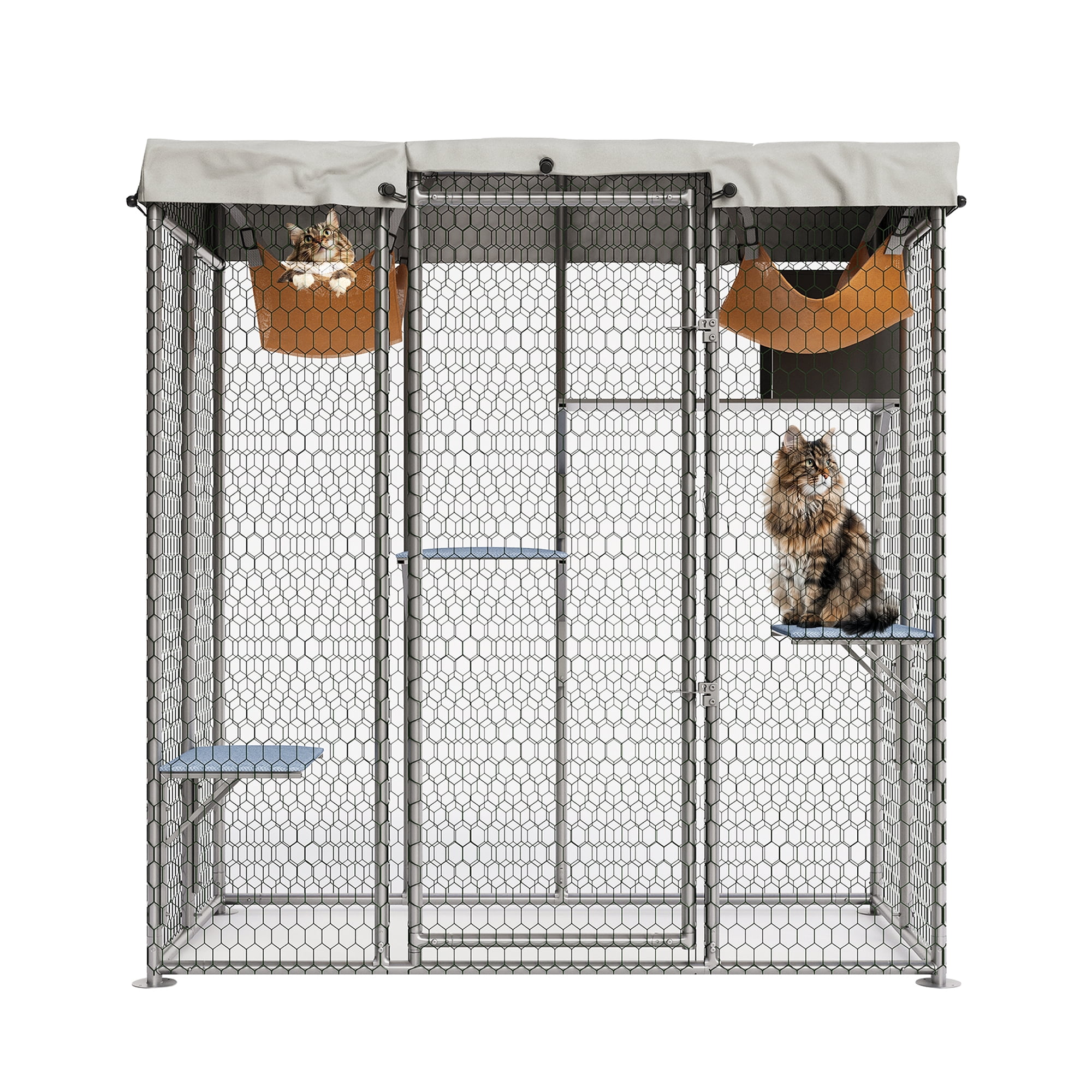 Cat Catio Outdoor House, Upgraded Version Catio Cage with 4 Platforms, 2 Hammocks, Large Cat Enclosure with Galvanized Steel Pipe, Plastic Coated Metal Wires for Outside, Condo
