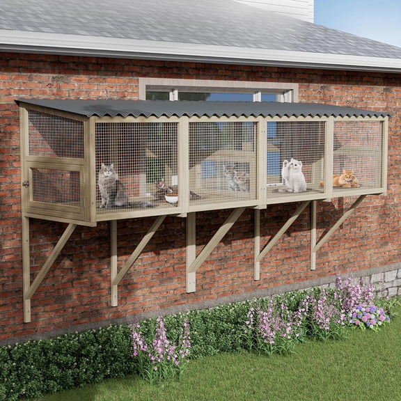 Cat Catio Window Perch for Large Cats - Outdoor Cat Enclosure Window, Catio Window Box Hommock for Inside Cats Sunbathing, Napping, Wooden Kitten Cage for Patio Sights (Burlywood, 82.6" L)