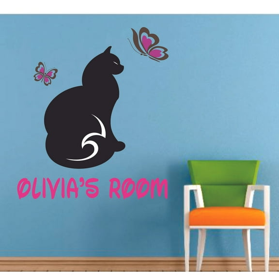 Cat Cats Butterfly Animals Cartoon Customized Wall Decal - Custom Vinyl Wall Art - Personalized Name - Baby Girls Boys Kids Bedroom Wall Decal Room Decor Wall Stickers Decoration Size (30x27 inch)