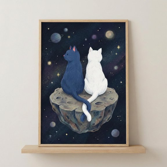 Cat Cats Celestial Whimsical Moon Space Cosmic Cat Galaxy Animal Nursery Poster , Poster Only