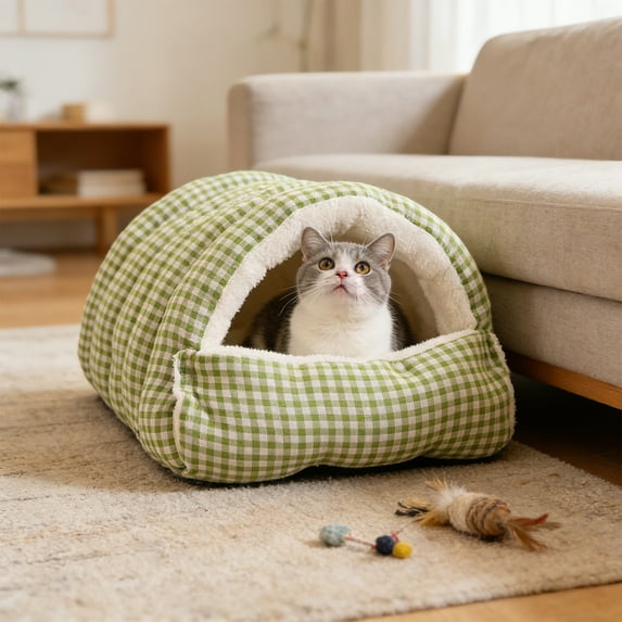 Cat Cave Bed, 17.72x15.75x11.02in Convertible Pet House, Removable Washable Nest for Cats and Small Dogs Under 8.8lbs, 2-in-1 Mat & Sleeping Bag