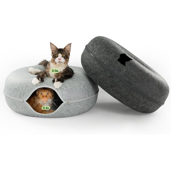 Cat Cave Donut for Multiple & Large Cats up to 30-45 lbs, 3-in-1 Self Warming Cat Bed, Tunnel & Scratcher for Indoor Cats, Washable & Detachable Small Dog Bed (Light Gray, Large)