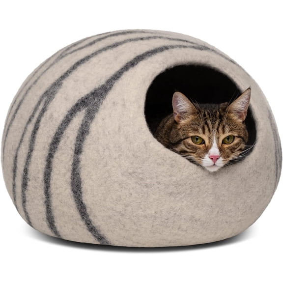 Cat Cave Premium Felt Cat Bed for Indoor Cats, Handmade Merino Wool (Light Grey, Medium)