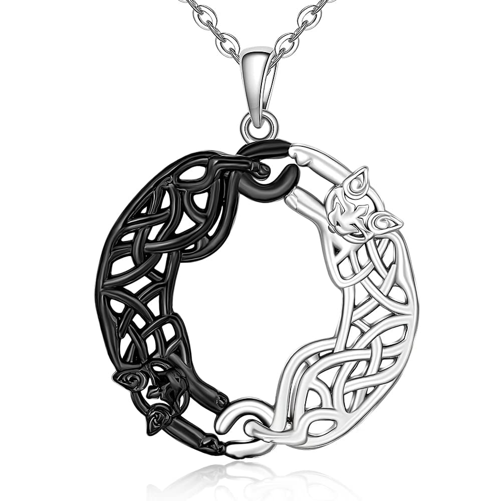 Cat Celtic Knot Necklace Black and White Cat Necklace for Women