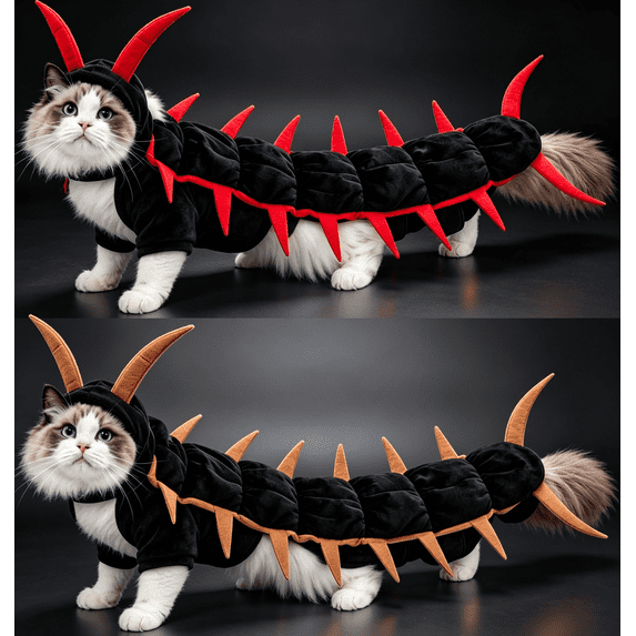 Cat Centipede Costume Funny Halloween Outfit,Plush Caterpillar Pet Costume with 4 Point Adjustable Fit,50 Inch Long Design for Small Medium Large Cats