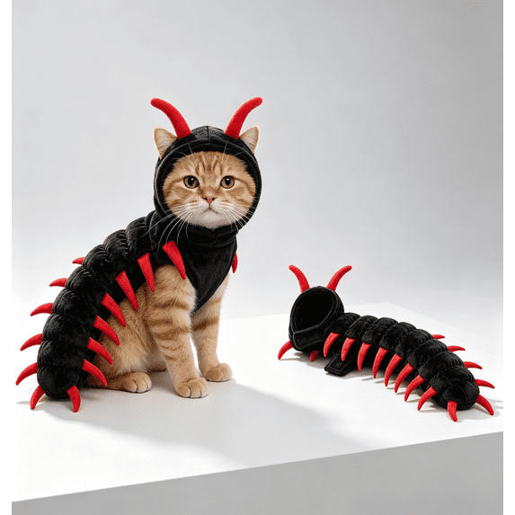 Cat Centipede Costume Funny Halloween Outfit,Plush Caterpillar Pet Costume with 4 Point Adjustable Fit,50 Inch Long Design for Small Medium Large Cats