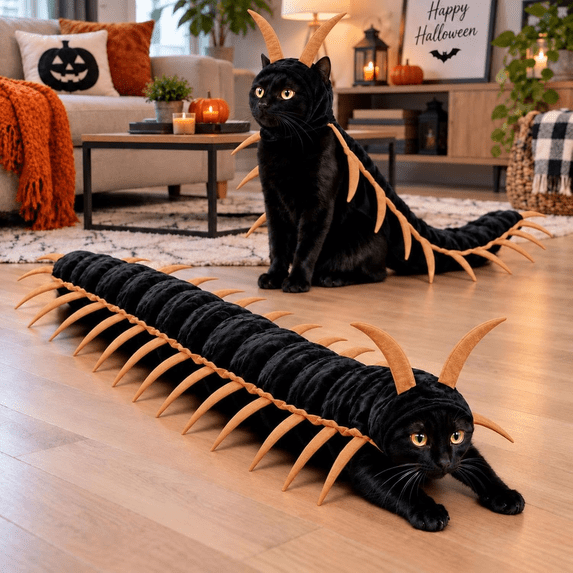 Cat Centipede Costume, Halloween Kitten Cosplay Clothes, Funny Adjustable Pet Outfit, Scary Shape Suit for Party, Dress‑up, Photo Shoot(Gold)