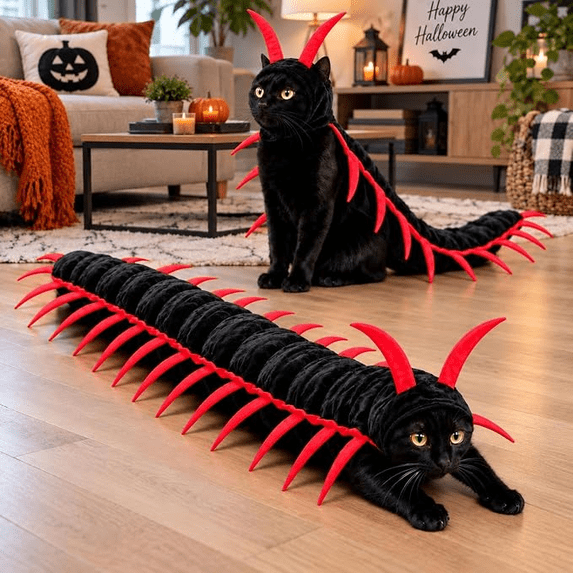 Cat Centipede Costume, Halloween Kitten Cosplay Clothes, Funny Adjustable Pet Outfit, Scary Shape Suit for Party, Dress‑up, Photo Shoot (Red)