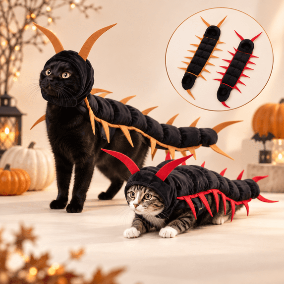 Cat Centipede Costume Halloween Pet Clothes, Plush Caterpillar Insect Outfit with Adjustable Straps, Funny Bug Cosplay Costume for Cats, Small Dogs and Holiday Parties