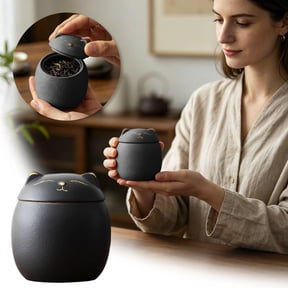 Cat Ceramic Storage Jar With Lid Airtight Canister Decorative Container For Tea Coffee Spices Kitchen Living Room(Black-8Cm)