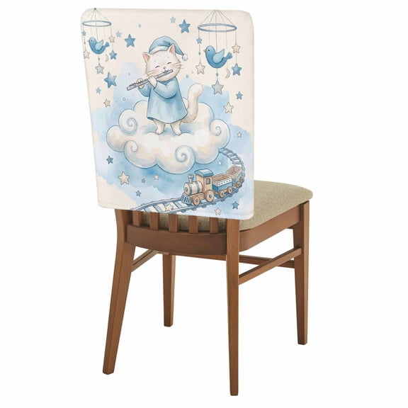 Cat Chair Covers Set of 1 Cartoon Blue Hat Cat Cloud Train Track Bird Toys Yellow Chair Back Covers Stretch Removable Washable Slipcovers Protector for Dining Room Kitchen Party Decor