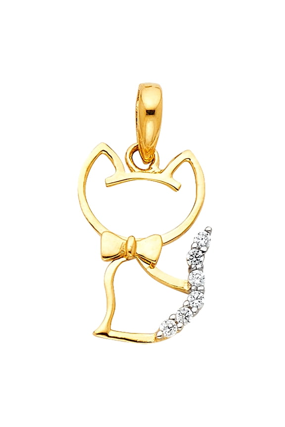 Cat Charm Solid 14k Yellow Gold Kitten Pendant CZ Pussy Cat Fashion Stylish Polished Fancy 10 x 15 mm