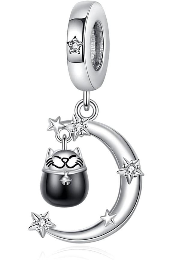 Cat Charm Sterling Silver Cat Moon Charm for Bracelet Halloween Animal Bead for Women Animal Lovers