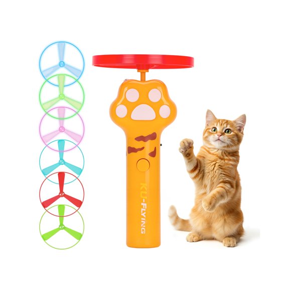 Cat Chase Fetch Toy - Rechargeable Disc Launcher with 6 Flying Spinners - Best Interactive Pet Hunting Toys for Indoor Outdoor Yard Cats Dog