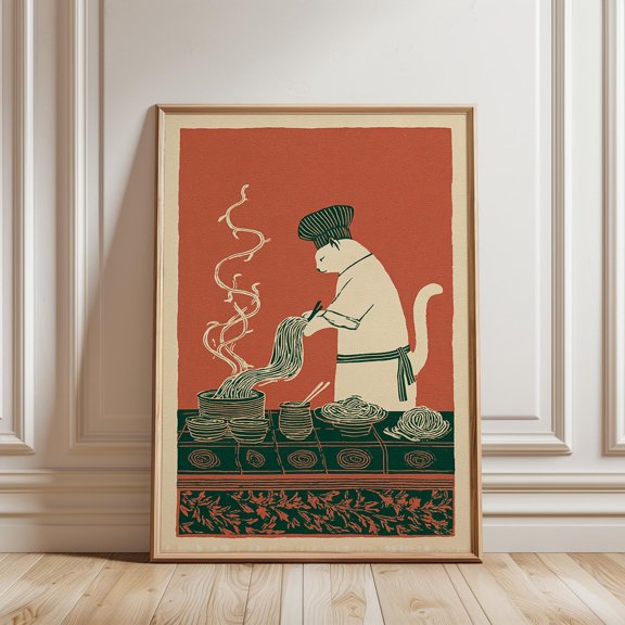 Cat Chef Poster Stylized Italian Kitchen Illustration