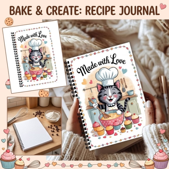 Cat Chef Spiral Recipe Journal, Blank Cookbook for Writing & Baking Notes, Kitchen Organizer with Cute Cupcake Design 8.26" x 5.82"