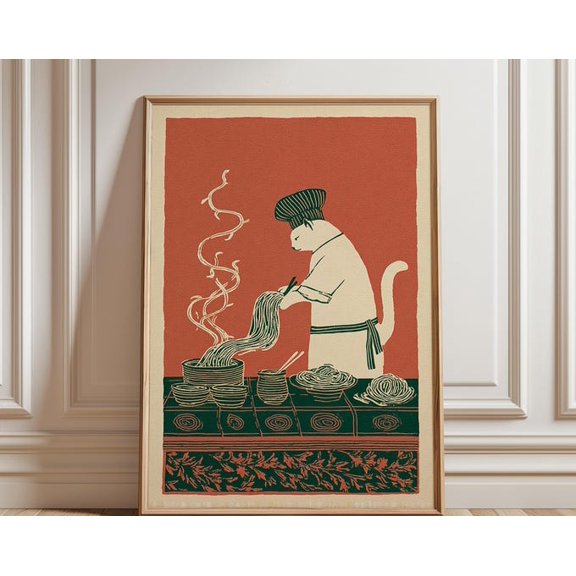 Cat Chef Stylized Italian Kitchen Wall Art, Unframed Paper Poster 24x36in