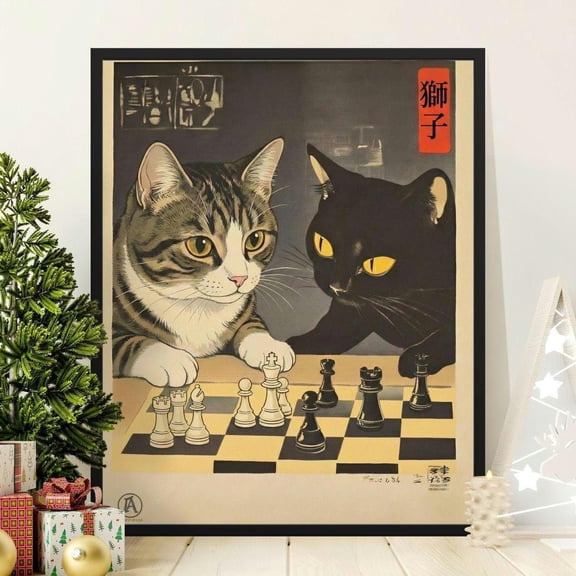 Cat Chess Feline Home Decor Strategy Game Wall Decoration, Unframed Poster