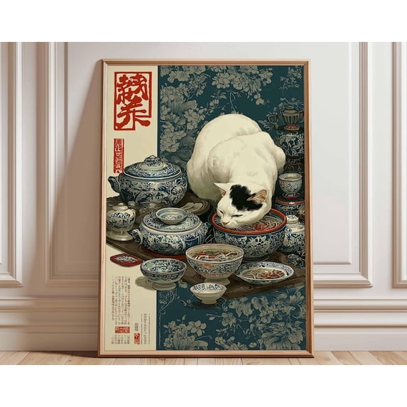 Cat Chinese Porcelain Style Noodles Blue Pottery Wall Art Print, Unframed Paper Poster 24x36in