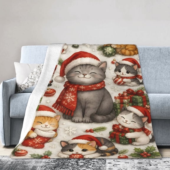 Cat Christmas Blanket Gift Throw Blanket Cute Santa Kitty Snowflake Gift for Cat Lovers Holiday Decor 60x50