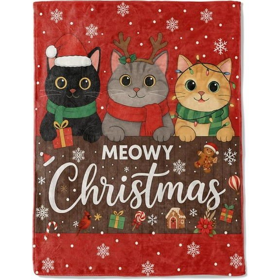 Cat Christmas Decorative Blanket, Kitten with Hat Antler Scarf Print Throw Decoration, Soft Flannel Winter Blankets for Couch Bed Sofa, Holiday Home Decor, Xmas Festival Gifts Red 60x50 Inch