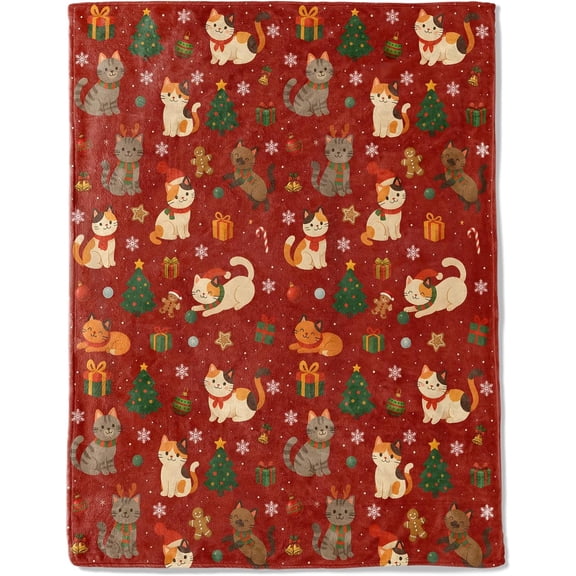 Cat Christmas Decorative Throw Blanket, Kitten Tree Gingerbread Snowflake Print Decoration, Soft Flannel Winter Blankets for Couch Bed Sofa, Holiday Home Decor, Xmas Festival Gifts 50x60 Inch