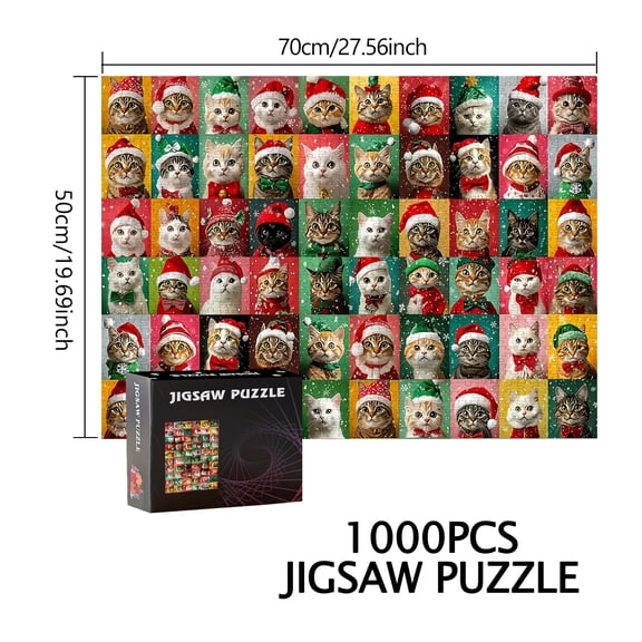 Cat, Christmas Hat Puzzle 500pcs/1000pcs Large Puzzle Game Gift Family Interactive Game Puzzle DIY Home Decoration Brain Challenge