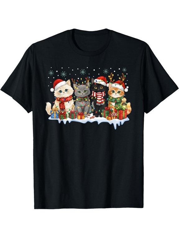Cat Christmas Light Reindeer Santa Hat Cat Lover Xmas Women T-Shirt