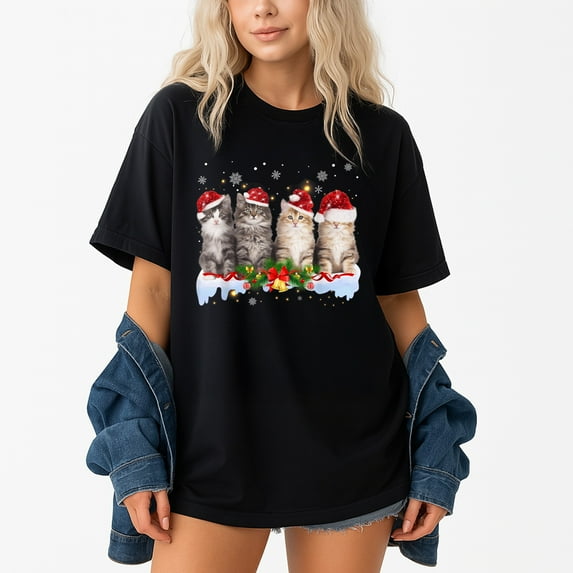 Cat Christmas Light Santa Hat Xmas Decorations Meowy Catmas – T-Shirt, Hoodie & Sweatshirt – Holiday Cat Lovers – Festive